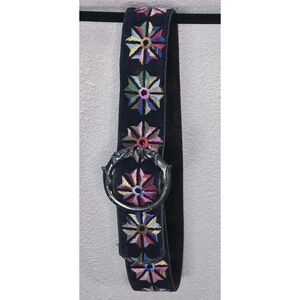 Vintage Embroidered Velvet Belt Floral Boho Statement Buckle Multicolor